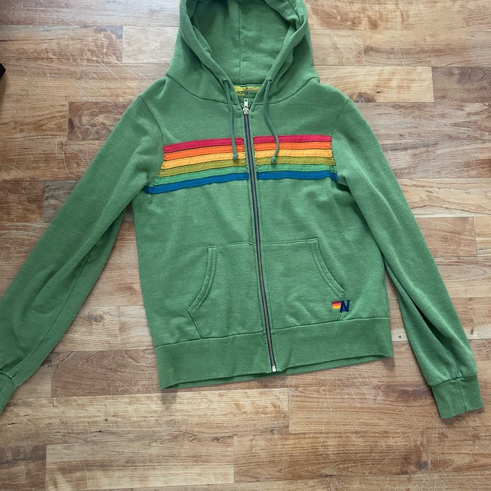Aviator Nation Olive Green Hoodie with Rainbow Accents